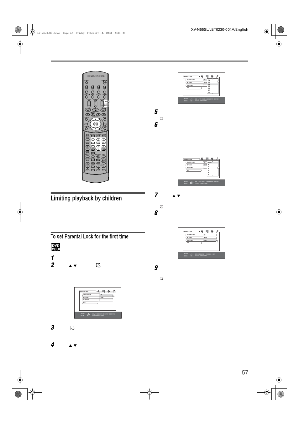 Limiting playback by children, Changing the initial settings, Bring up the others menu | Press 5 / ∞ to select the country code, Press enter, Press enter to bring up the pull-down menu, Hint | JVC XV-N55SL User Manual | Page 62 / 75