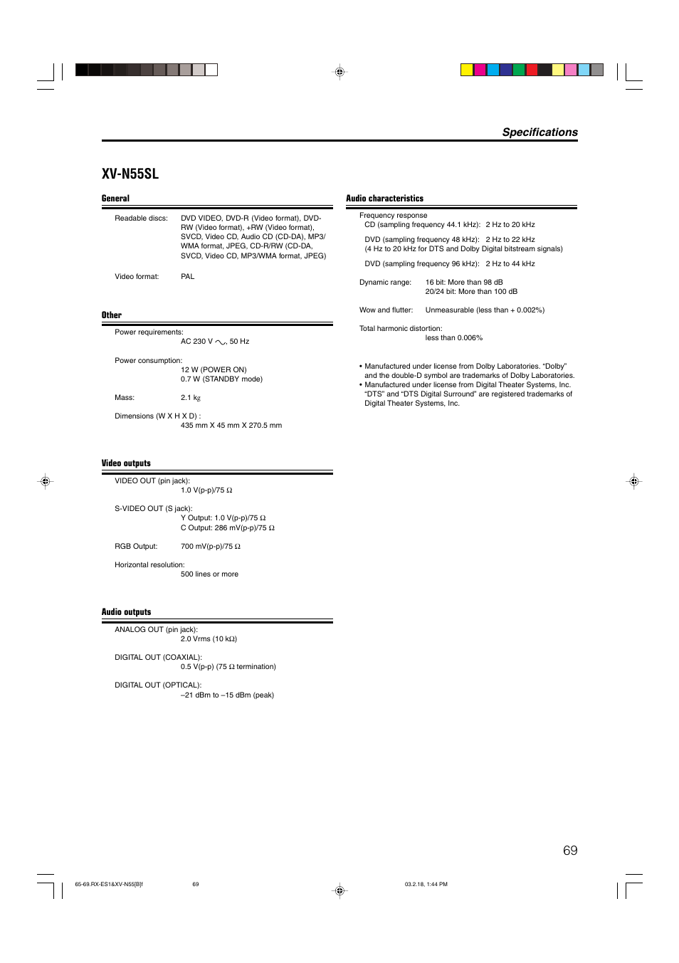 Xv-n55sl, Specifications | JVC XV-N55SL User Manual | Page 74 / 75