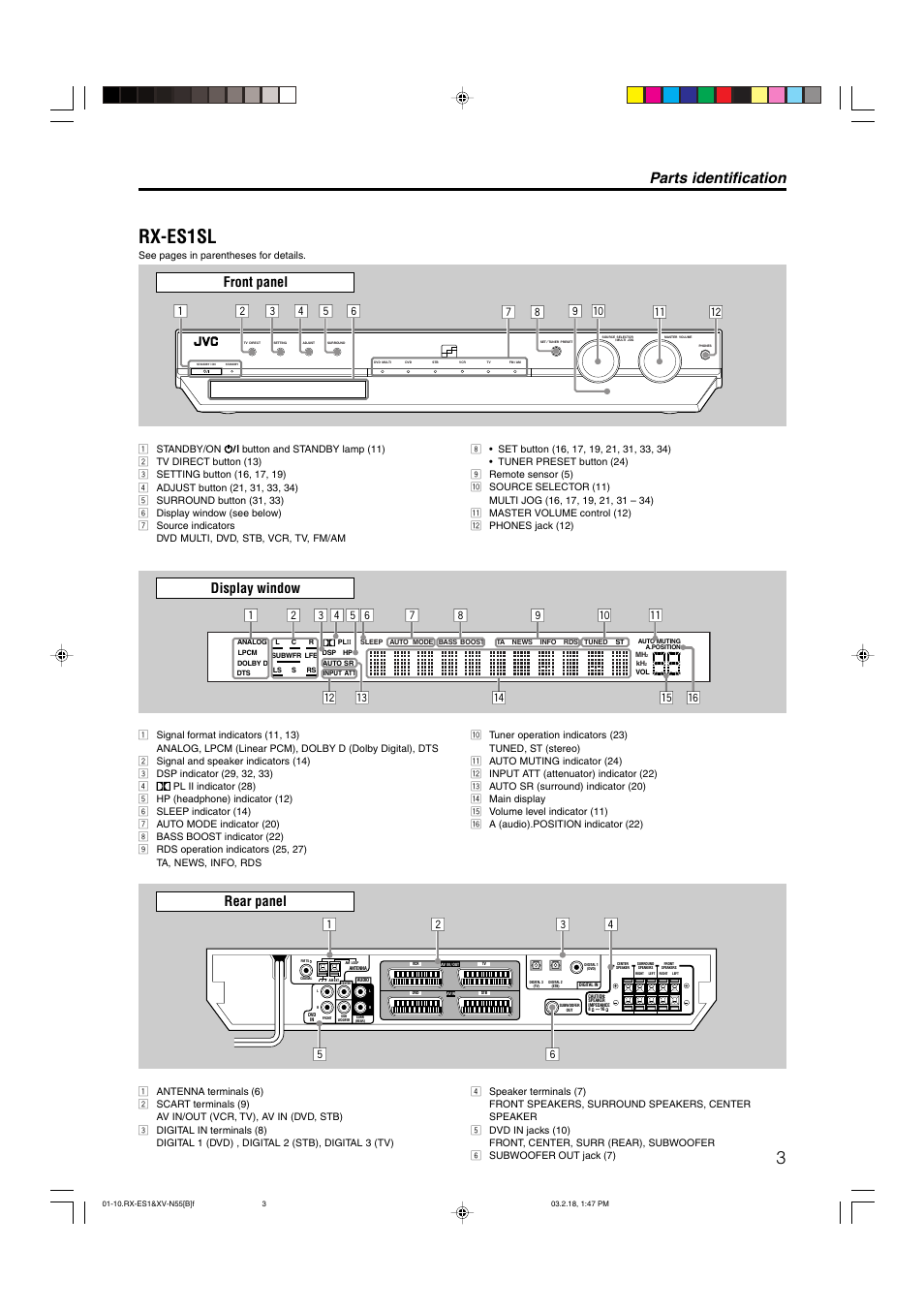 Rx-es1sl, Parts identification, Front panel | Display window, Rear panel | JVC XV-N55SL User Manual | Page 8 / 75