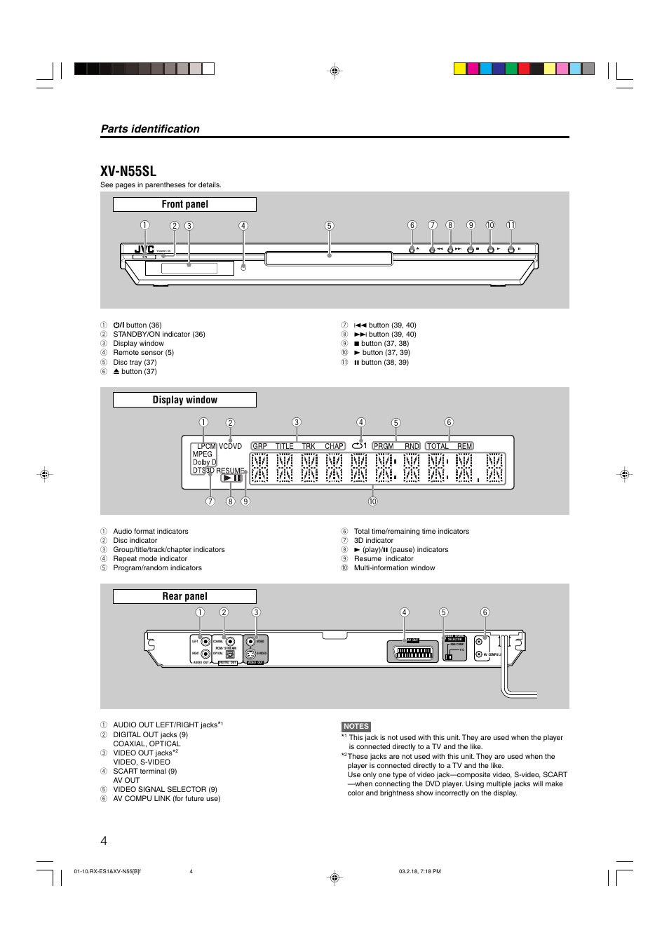 Xv-n55sl, Parts identification, Front panel display window | JVC XV-N55SL User Manual | Page 9 / 75