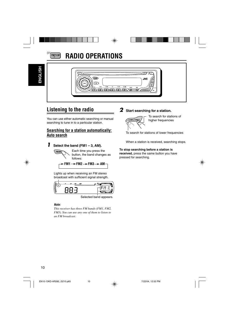 Radio operations, Listening to the radio | JVC KD-G210 User Manual | Page 10 / 28