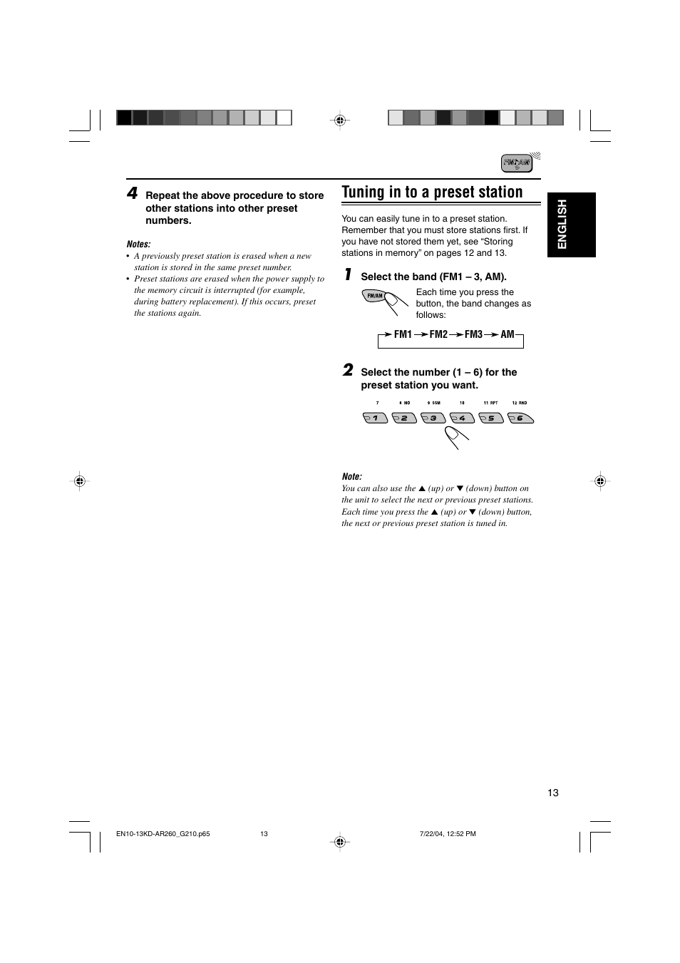 Tuning in to a preset station | JVC KD-G210 User Manual | Page 13 / 28