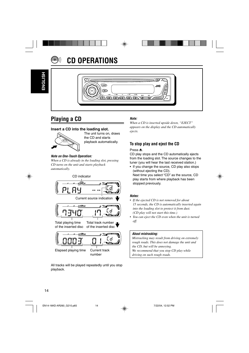 Cd operations, Playing a cd | JVC KD-G210 User Manual | Page 14 / 28