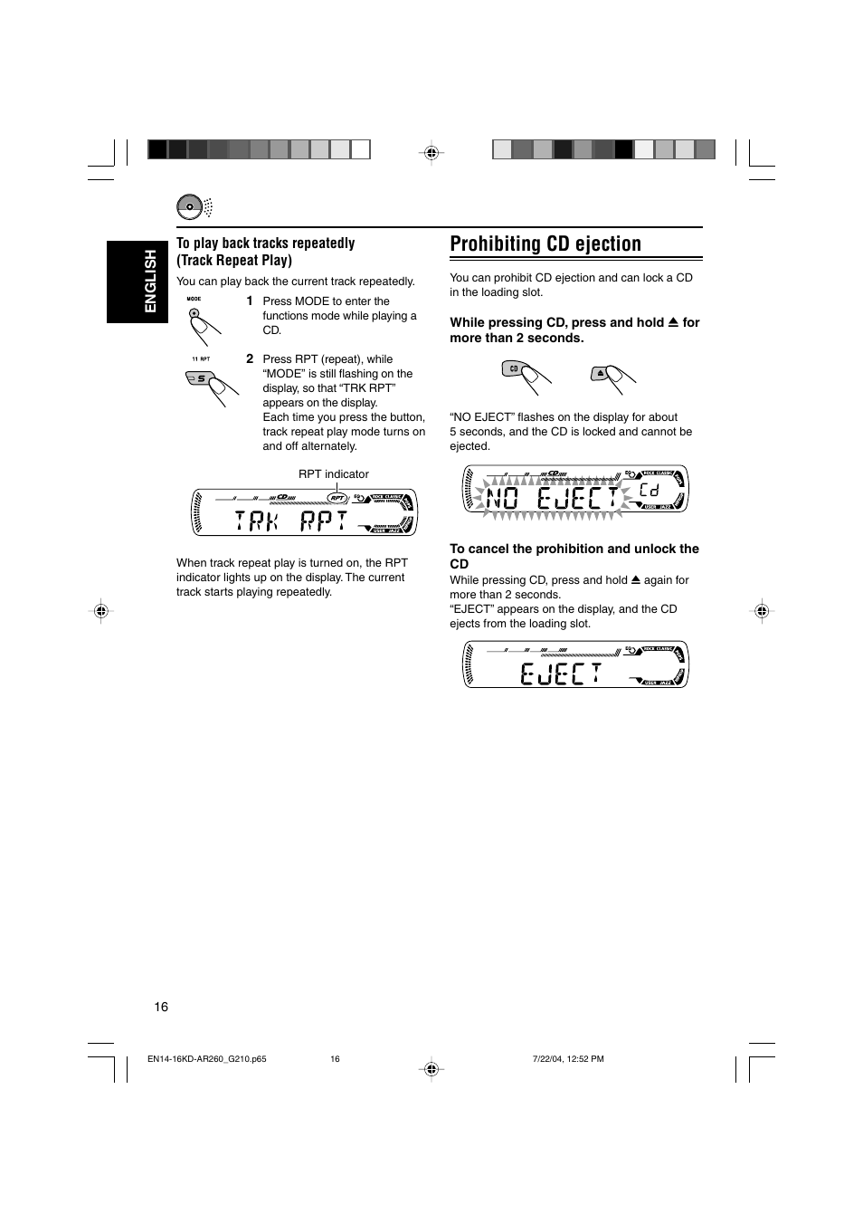Prohibiting cd ejection | JVC KD-G210 User Manual | Page 16 / 28