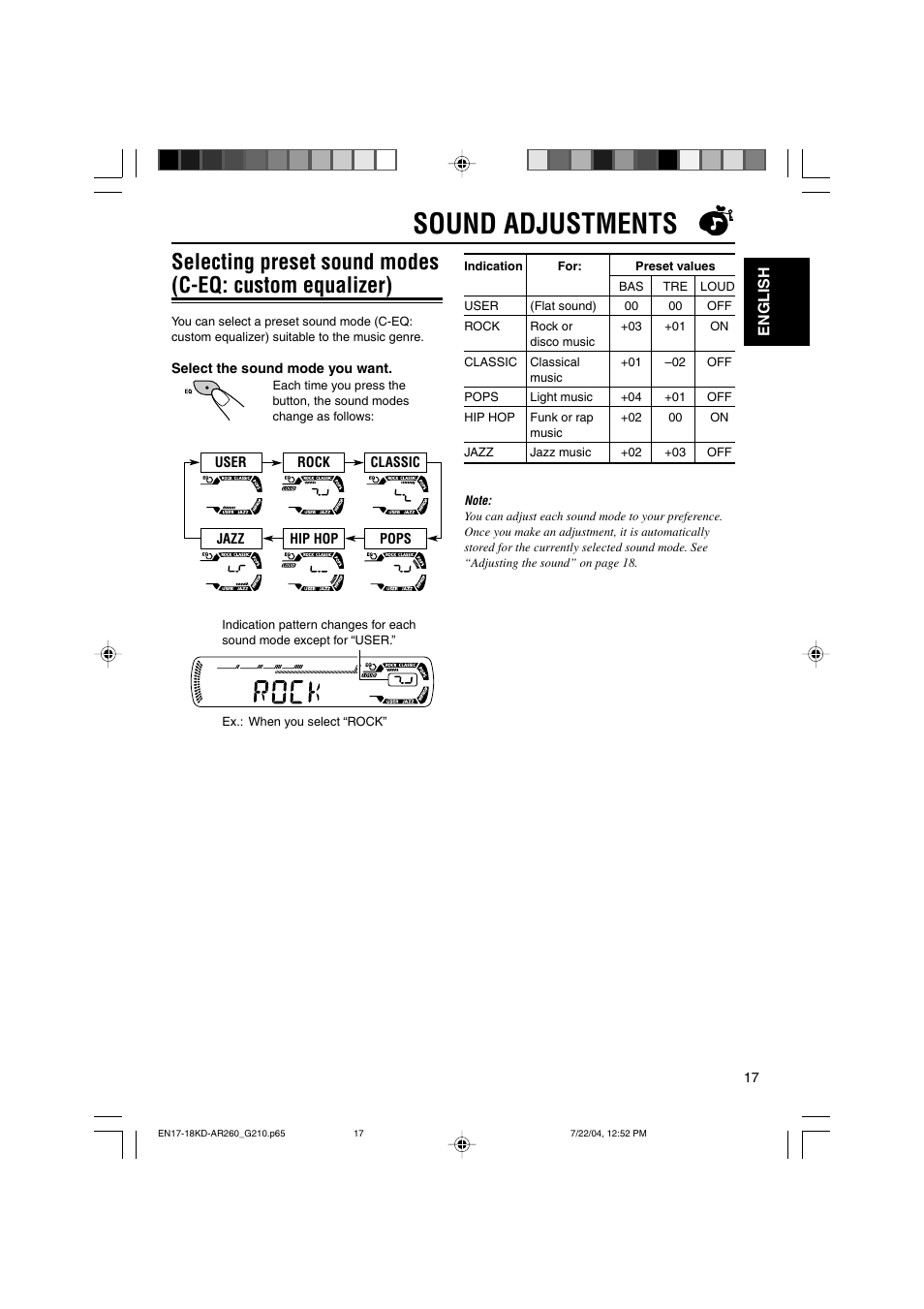 Sound adjustments | JVC KD-G210 User Manual | Page 17 / 28