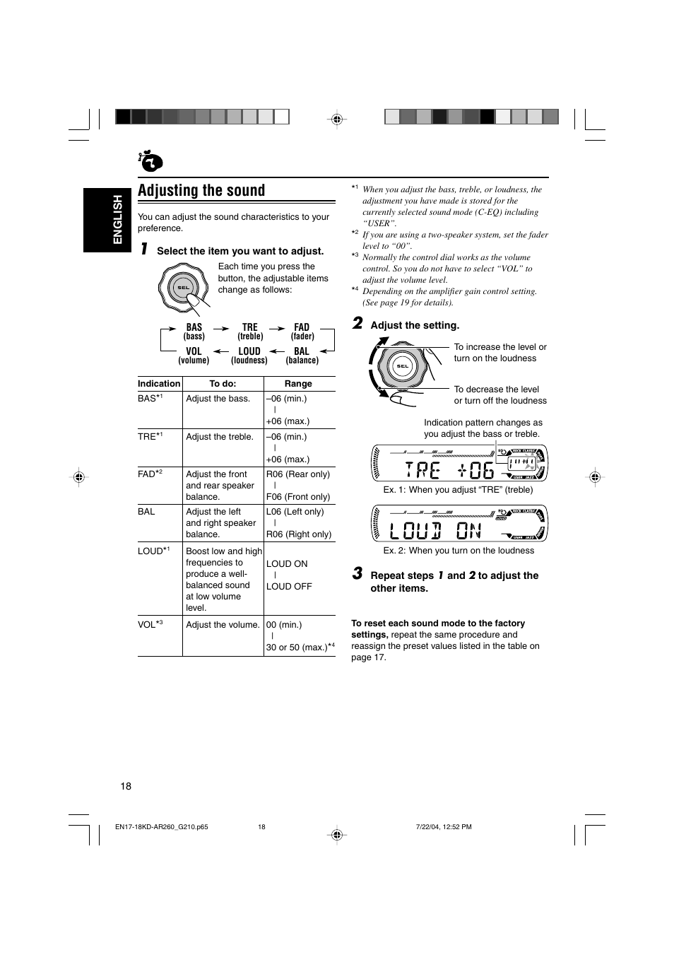 Adjusting the sound, English | JVC KD-G210 User Manual | Page 18 / 28