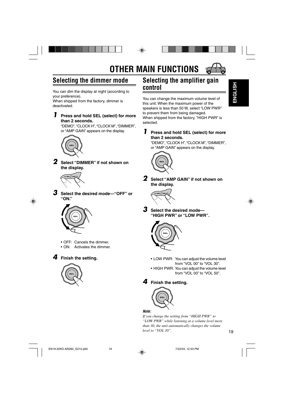 Other main functions, Selecting the dimmer mode, Selecting the amplifier gain control | JVC KD-G210 User Manual | Page 19 / 28
