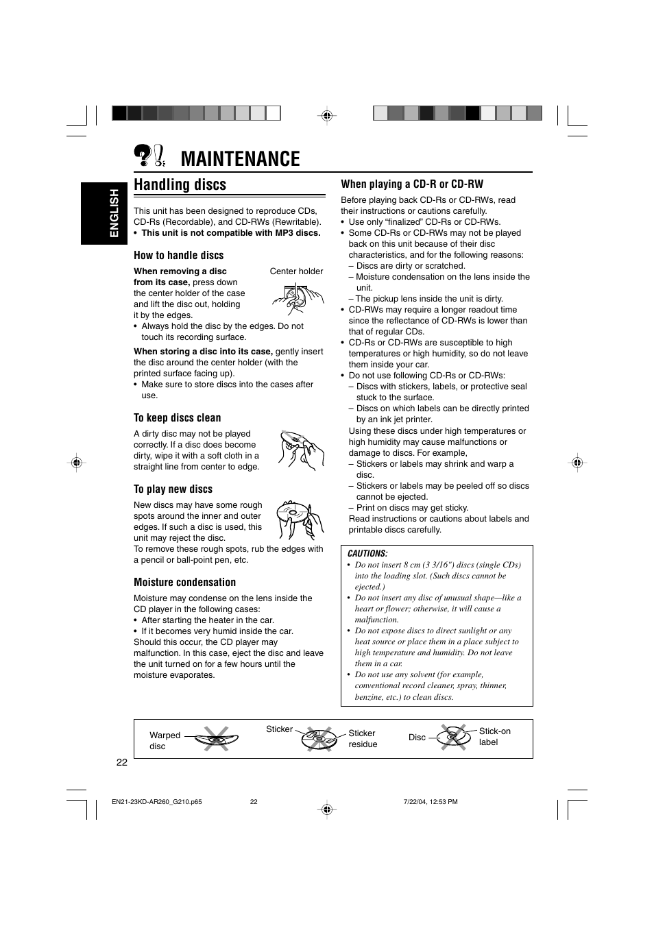 Maintenance, Handling discs | JVC KD-G210 User Manual | Page 22 / 28