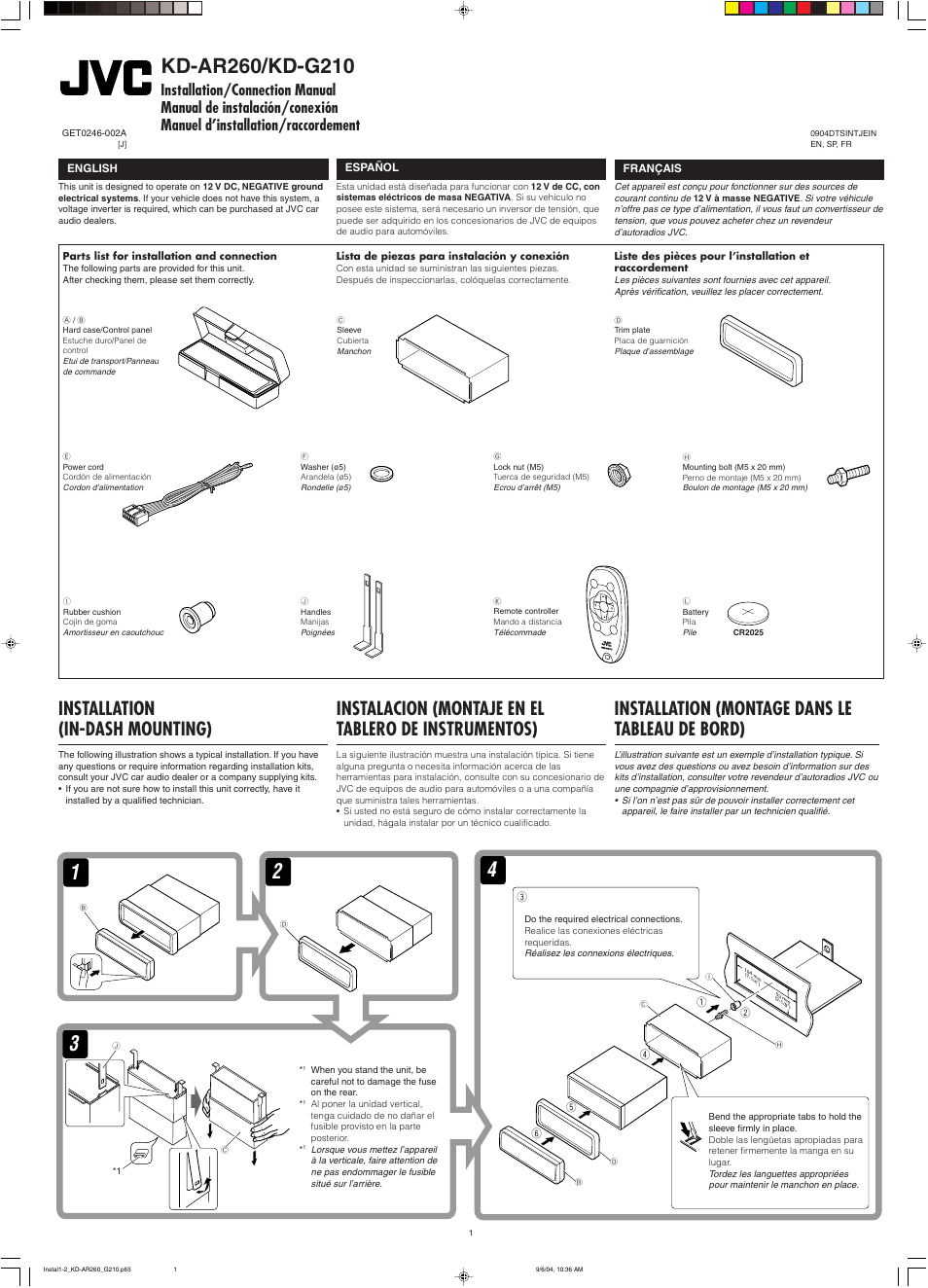Installation/connection manual, Installation, Installation (montage dans le tableau de bord) | Installation (in-dash mounting) | JVC KD-G210 User Manual | Page 25 / 28