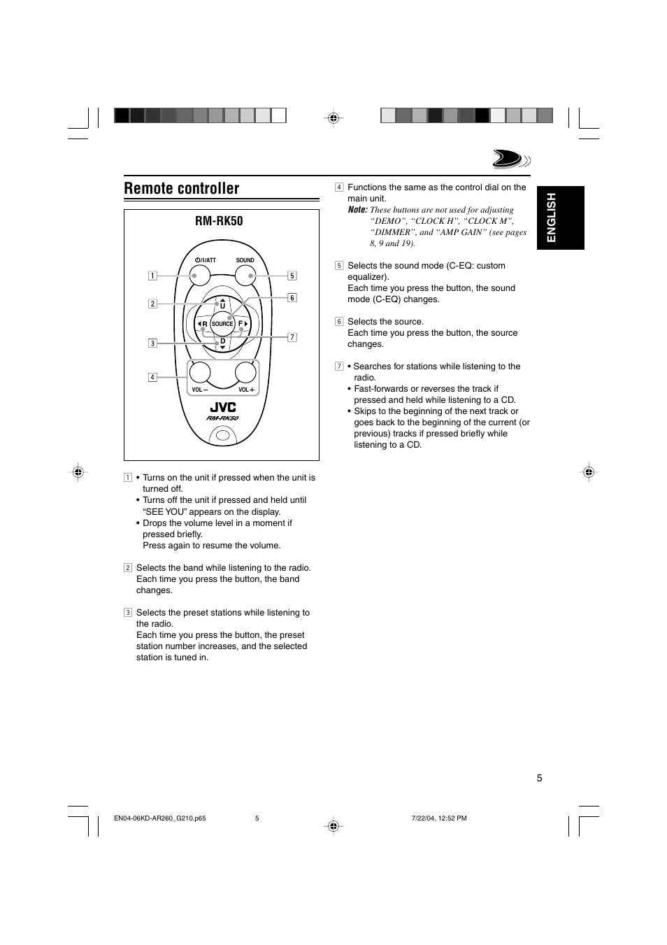Remote controller, Rm-rk50, English | JVC KD-G210 User Manual | Page 5 / 28
