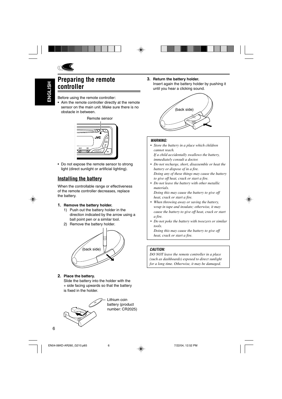 Preparing the remote controller, Installing the battery, English | JVC KD-G210 User Manual | Page 6 / 28