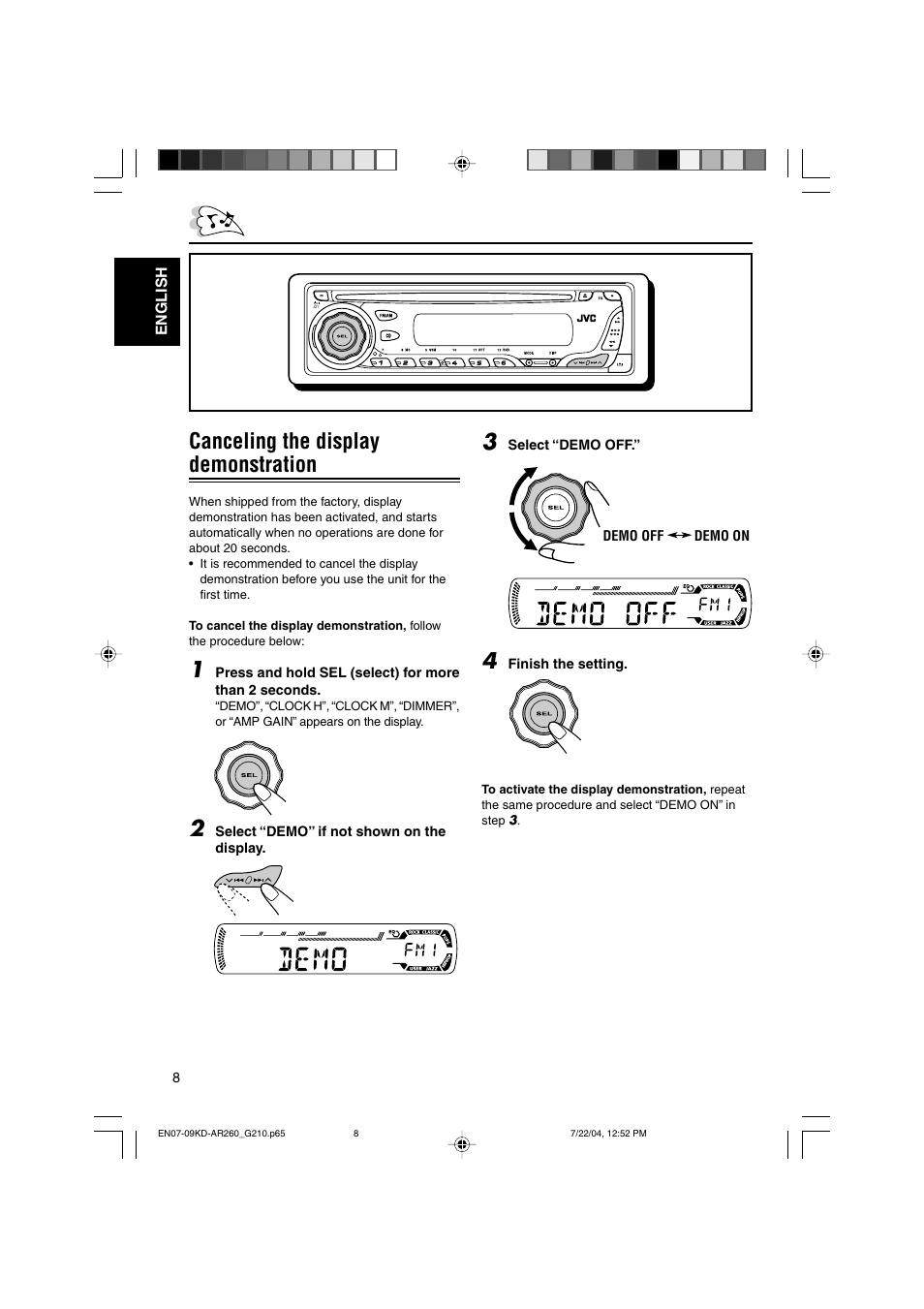 Canceling the display demonstration | JVC KD-G210 User Manual | Page 8 / 28