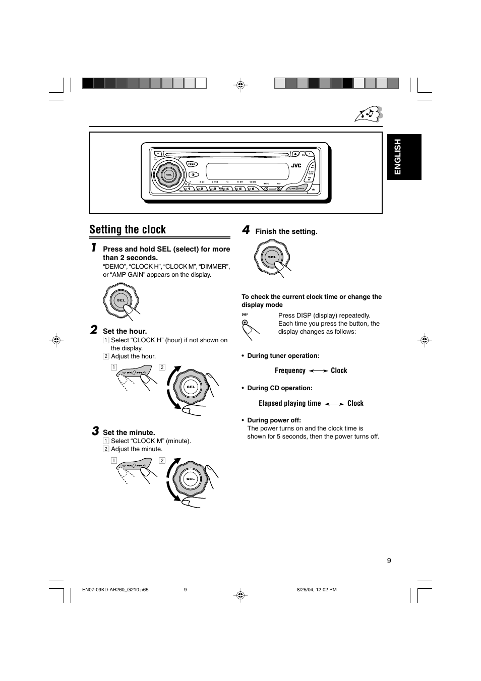 Setting the clock 1 | JVC KD-G210 User Manual | Page 9 / 28