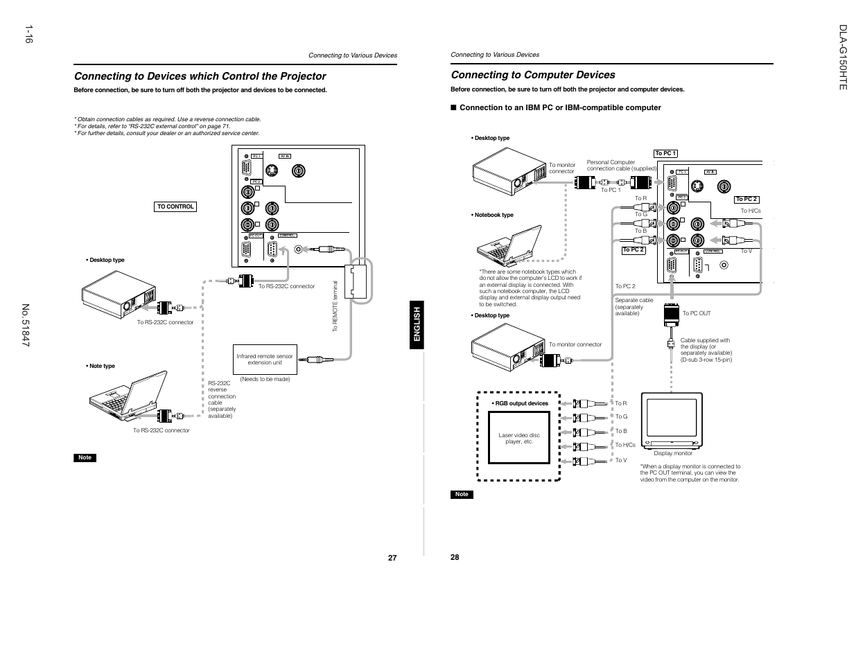 Power, Connecting to computer devices, Connecting to devices which control the projector | JVC DLA-G150HTE User Manual | Page 16 / 40