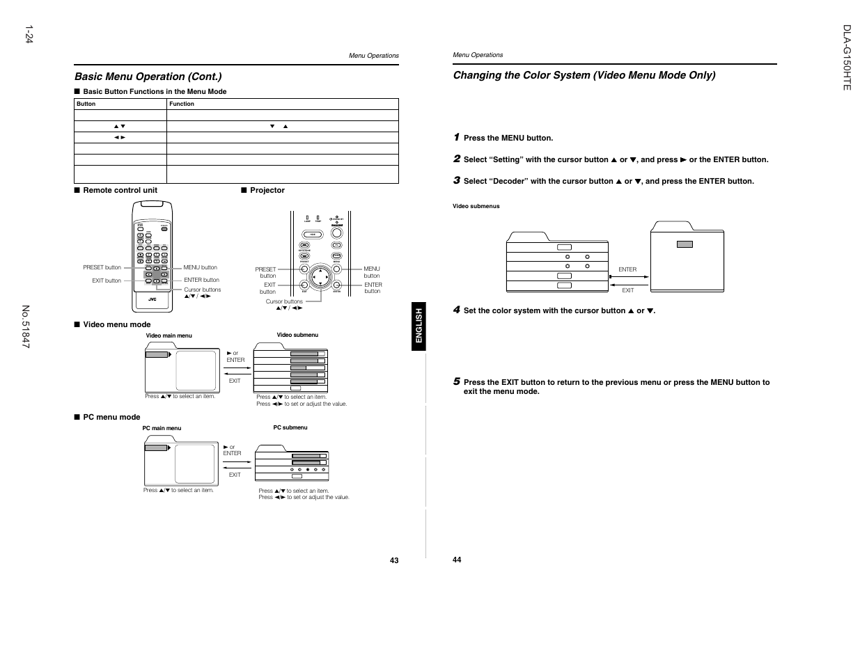 Preset, Menu freeze screen operate digital zoom zoom focus, Rm-m150 remote control unit screen keystone | Changing the color system (video menu mode only), Basic menu operation (cont.) | JVC DLA-G150HTE User Manual | Page 24 / 40