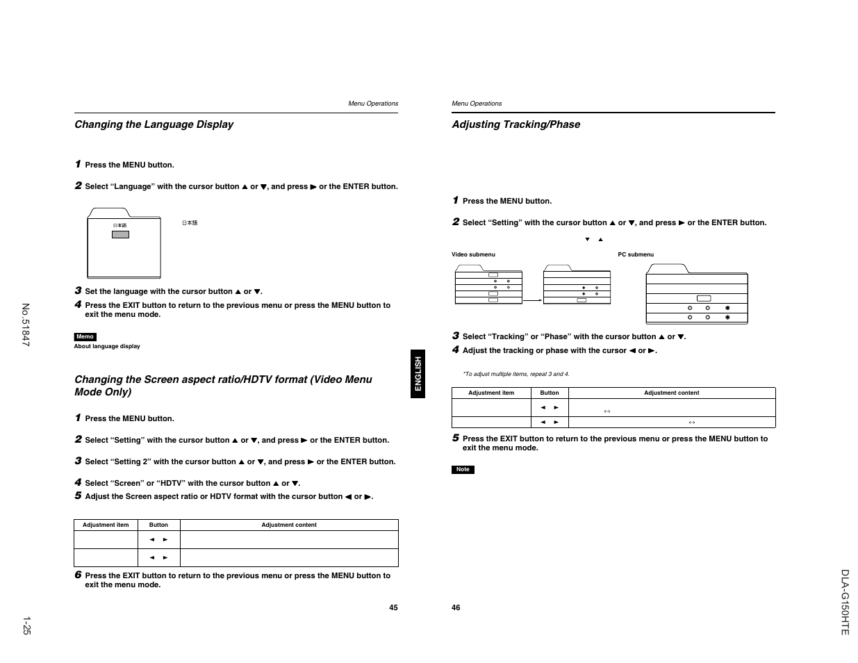 Changing the language display, Adjusting tracking/phase | JVC DLA-G150HTE User Manual | Page 25 / 40