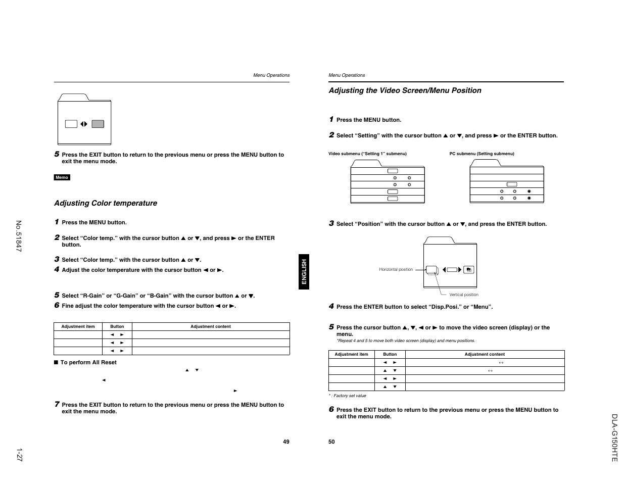 Adjusting color temperature 1, Adjusting the video screen/menu position | JVC DLA-G150HTE User Manual | Page 27 / 40