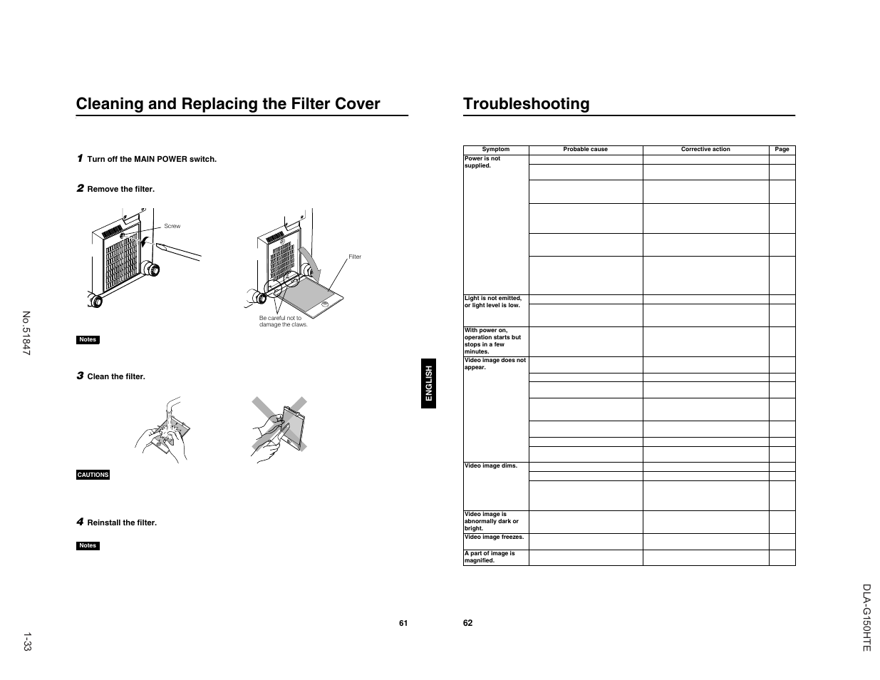 Cleaning and replacing the filter cover, Troubleshooting | JVC DLA-G150HTE User Manual | Page 33 / 40