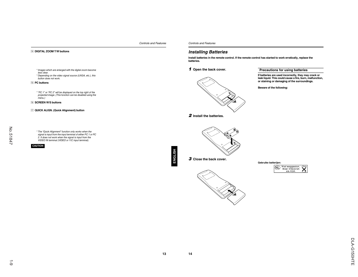 Installing batteries | JVC DLA-G150HTE User Manual | Page 9 / 40