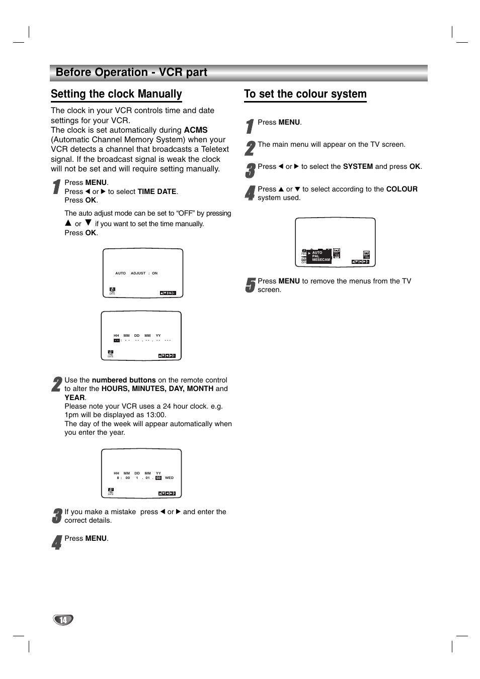 Before operation - vcr part, Setting the clock manually | JVC HR-XV2EK User Manual | Page 14 / 41