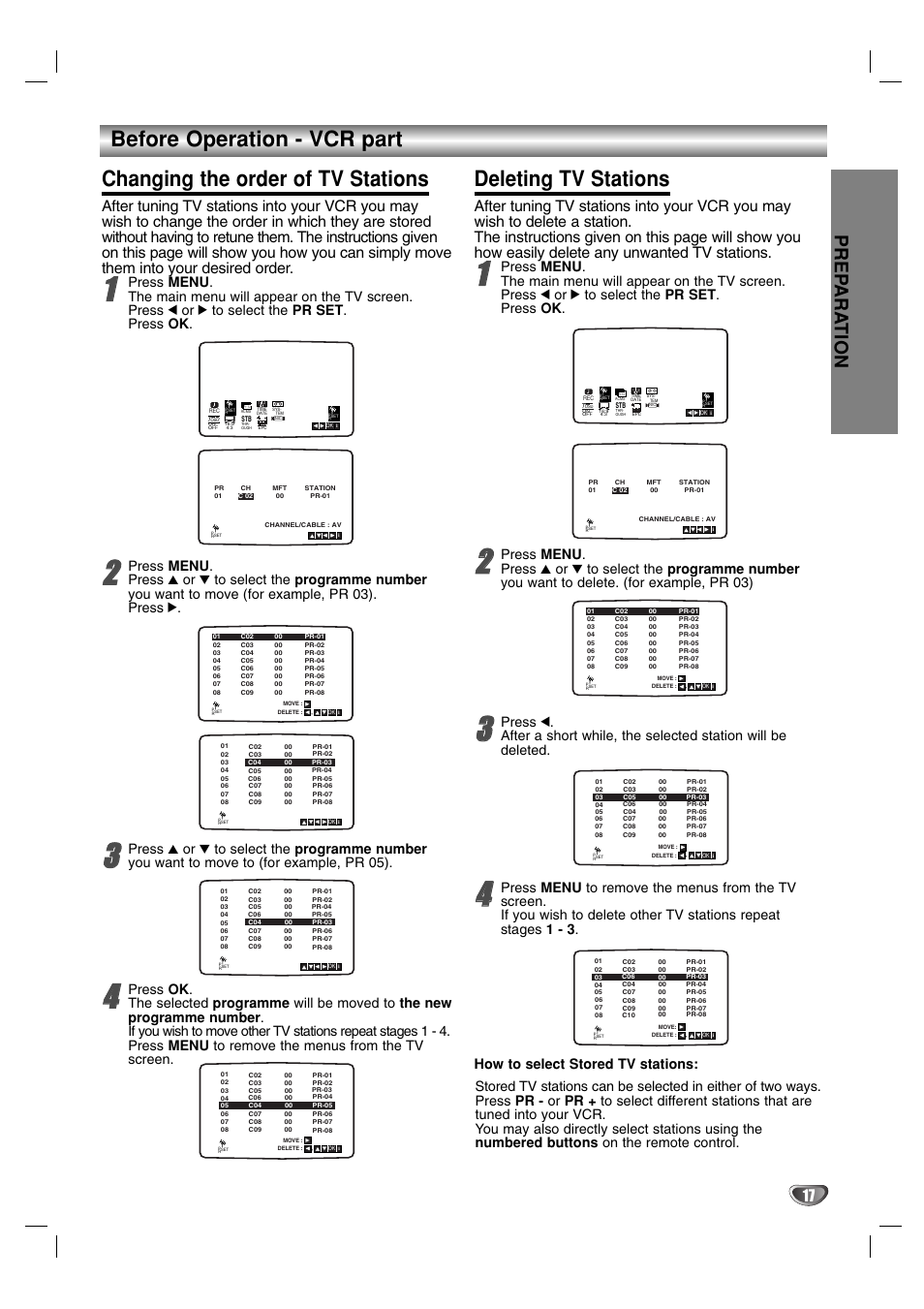 Deleting tv stations, Prep ara tion | JVC HR-XV2EK User Manual | Page 17 / 41