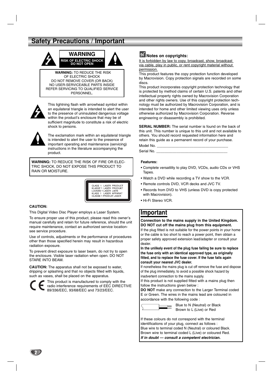 Safety precautions / important, Important, Warning | JVC HR-XV2EK User Manual | Page 2 / 41