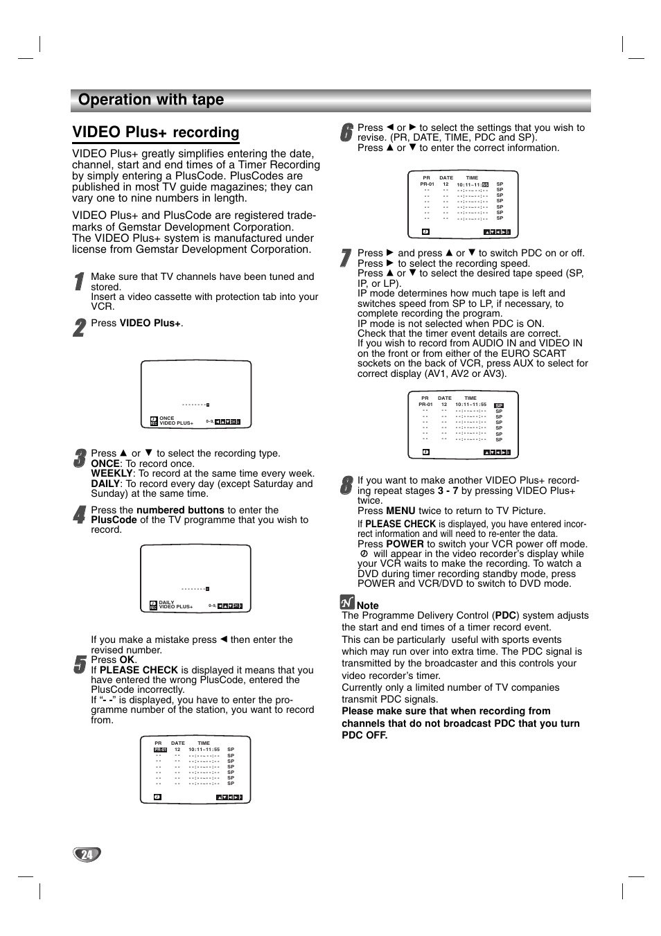 Operation with tape video plus, Recording, Press video plus | Press, Then enter the revised number, And press | JVC HR-XV2EK User Manual | Page 24 / 41