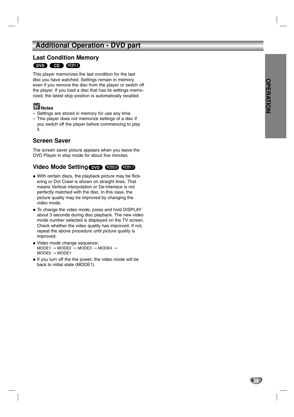 Additional operation - dvd part, Opera tion, Screen saver | Video mode setting | JVC HR-XV2EK User Manual | Page 35 / 41