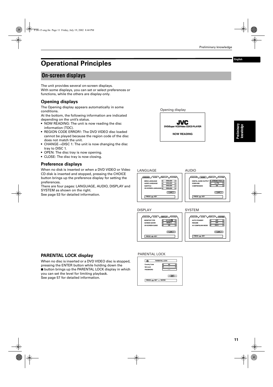 Operational principles, On-screen displays, Opening displays | Preference displays, Parental lock display, Pre lim in a ry knowl edge, System, Parental lock, Display, Audio | JVC XV-M512SL User Manual | Page 13 / 68