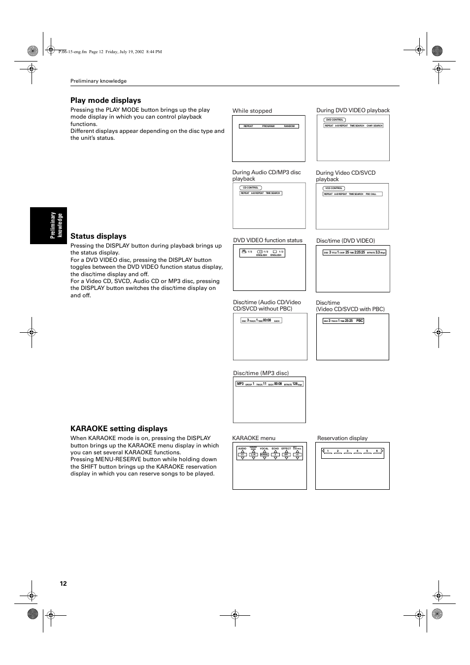 Play mode displays, Status displays, Karaoke setting displays | Prel imi nar y knowl edge, While stopped, During dvd video playback, During audio cd/mp3 disc playback, During video cd/svcd playback, Dvd video function status, Disc/time (video cd/svcd with pbc) | JVC XV-M512SL User Manual | Page 14 / 68