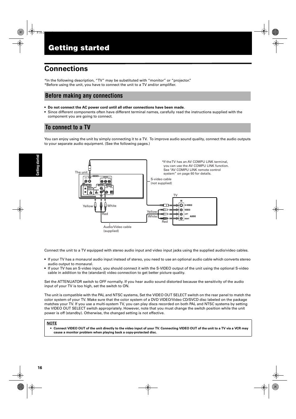 Getting started, Getting started connections, Before making any connections to connect to a tv | JVC XV-M512SL User Manual | Page 18 / 68