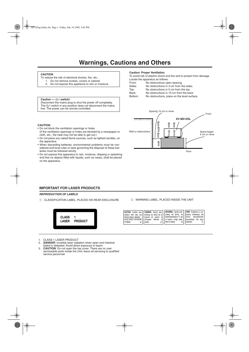 Warnings, Warnings, cautions and others | JVC XV-M512SL User Manual | Page 2 / 68