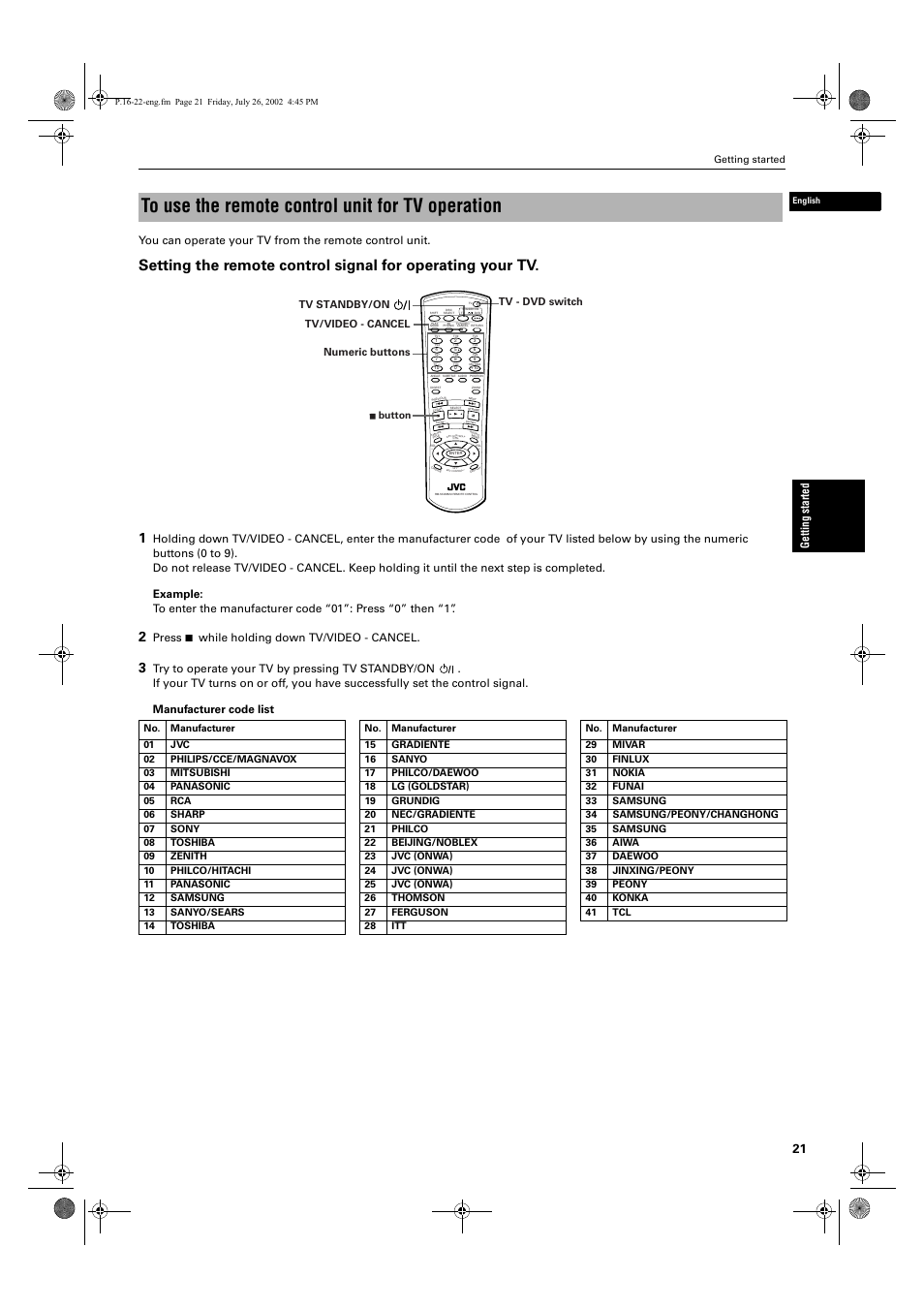 Ge tt ing sta rte d, Press 7 while holding down tv/video - cancel | JVC XV-M512SL User Manual | Page 23 / 68