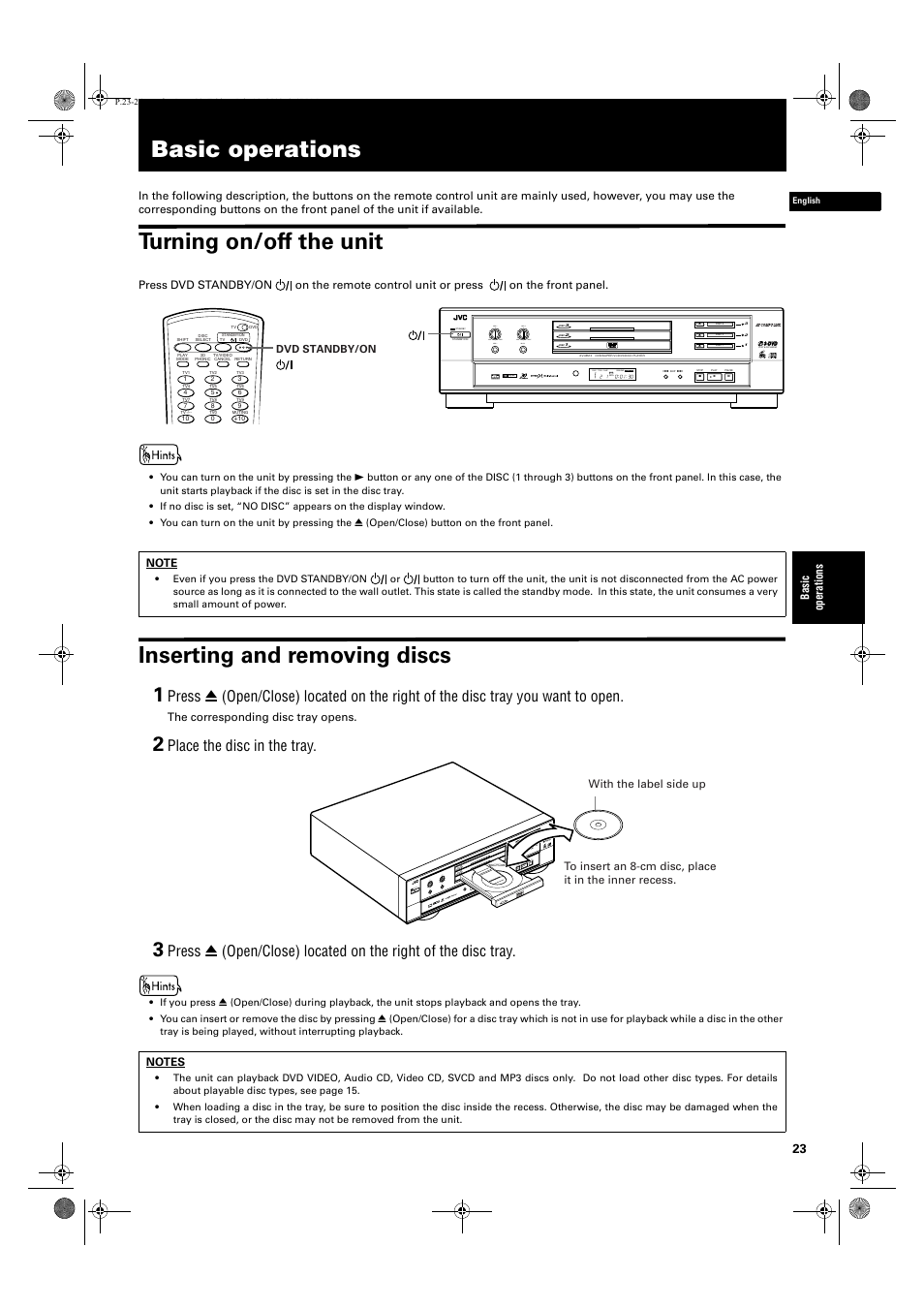Basic operations, Turning on/off the unit, Inserting and removing discs | Place the disc in the tray, Disc title chap resume theater dvd each, Mic 1 mic 2 mic 1 min max min max mic 2, Dvd pl ay er, Disc | JVC XV-M512SL User Manual | Page 25 / 68