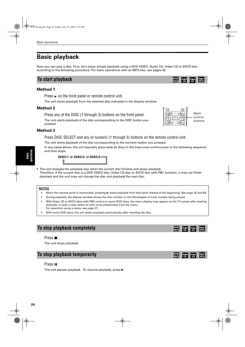 Basic playback, Method 1 press, On the front panel or remote control unit | Press 7, Press 8 | JVC XV-M512SL User Manual | Page 26 / 68