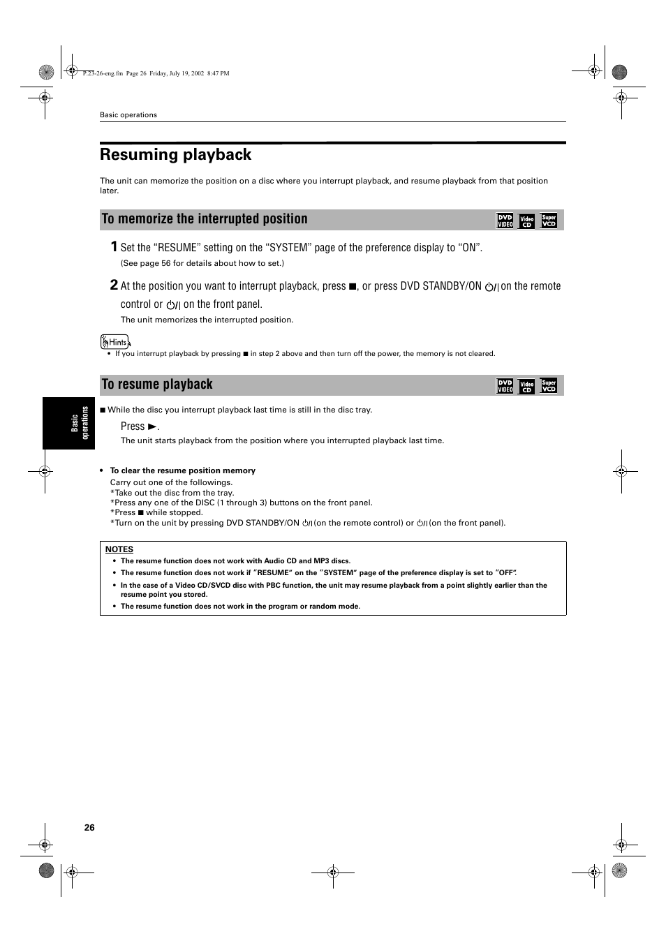 Resuming playback | JVC XV-M512SL User Manual | Page 28 / 68