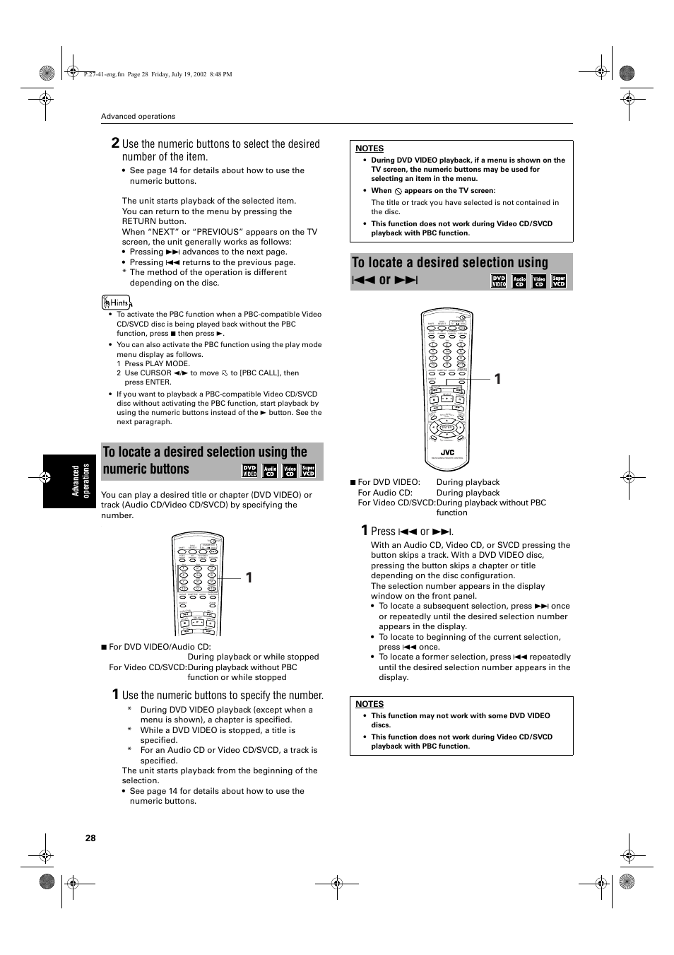 Use the numeric buttons to specify the number, Press 4 or, Advanced oper ati o ns | Advanced operations | JVC XV-M512SL User Manual | Page 30 / 68