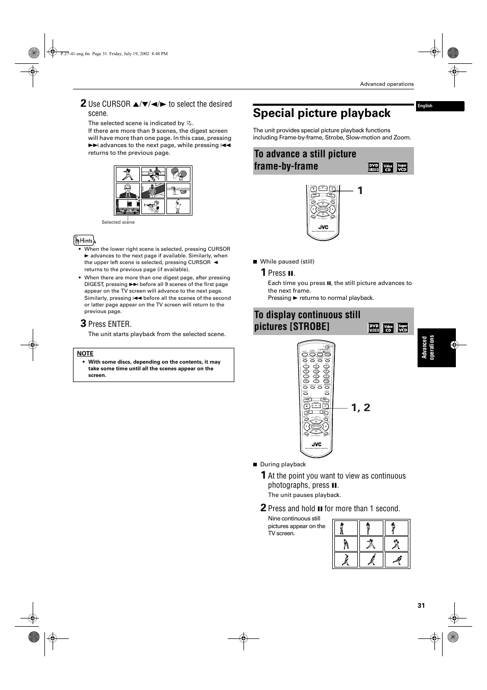 Special picture playback, Use cursor 5/∞/2/3 to select the desired scene, Press enter | Press 8, Press and hold 8 for more than 1 second, Advance d ope rati ons, The unit starts playback from the selected scene, The unit pauses playback, Advanced operations | JVC XV-M512SL User Manual | Page 33 / 68