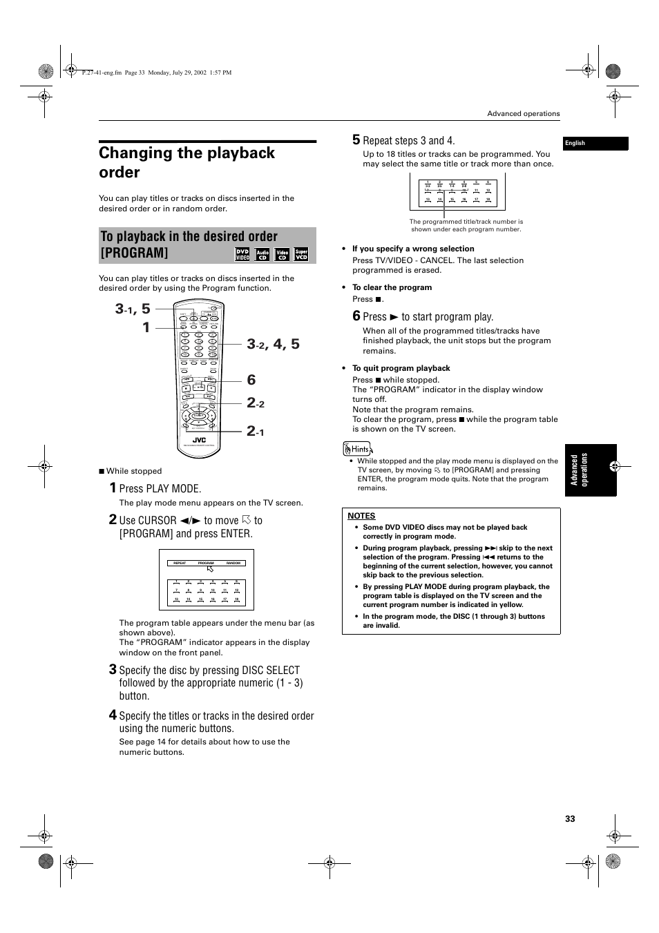 Changing the playback order, Press play mode, Repeat steps 3 and 4 | Press 3 to start program play, Ad va nc ed op er at io ns, The play mode menu appears on the tv screen | JVC XV-M512SL User Manual | Page 35 / 68