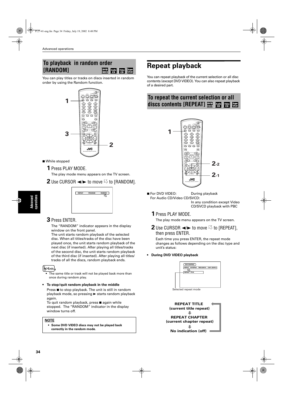 Repeat playback, Press play mode, Use cursor 2/3 to move to [random | Press enter, The play mode menu appears on the tv screen, Advanced operations, Selected repeat mode | JVC XV-M512SL User Manual | Page 36 / 68