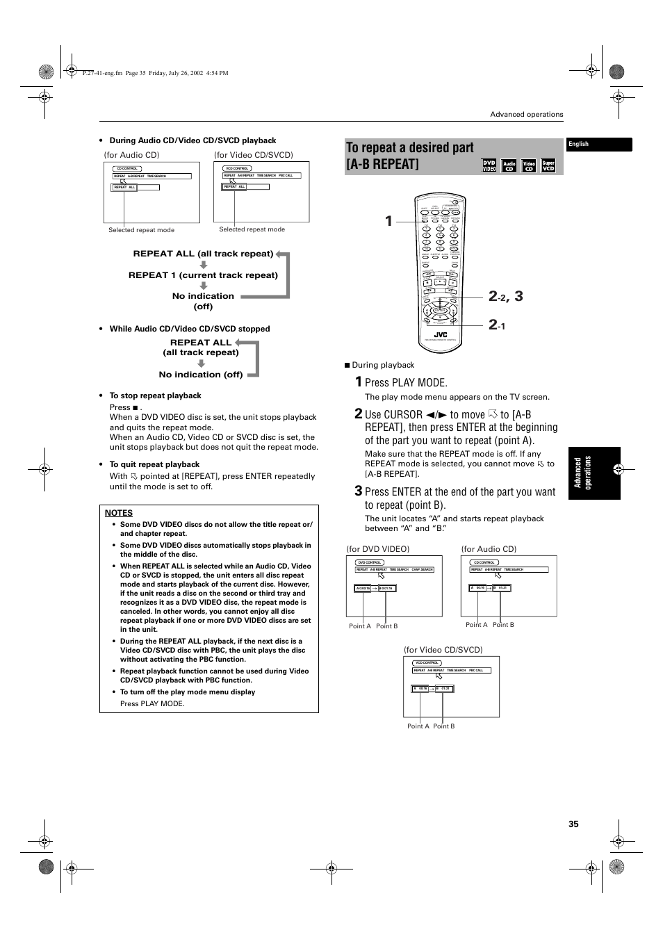 Press play mode, Advance d ope rati ons, The play mode menu appears on the tv screen | For audio cd), For dvd video), For video cd/svcd), Advanced operations | JVC XV-M512SL User Manual | Page 37 / 68