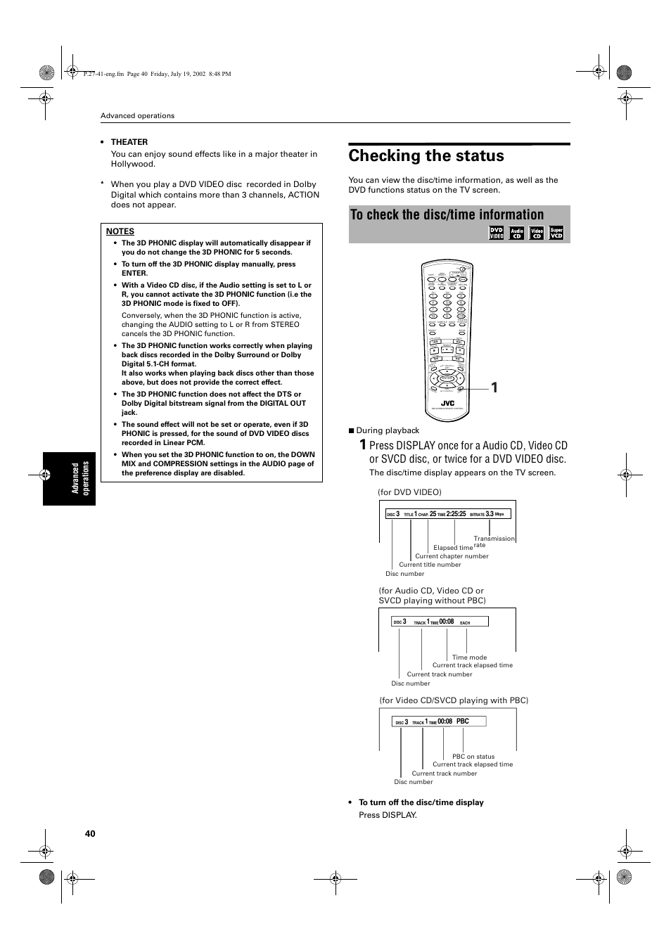 Checking the status, For dvd video), For video cd/svcd playing with pbc) | Advanced operations, 08 pbc | JVC XV-M512SL User Manual | Page 42 / 68