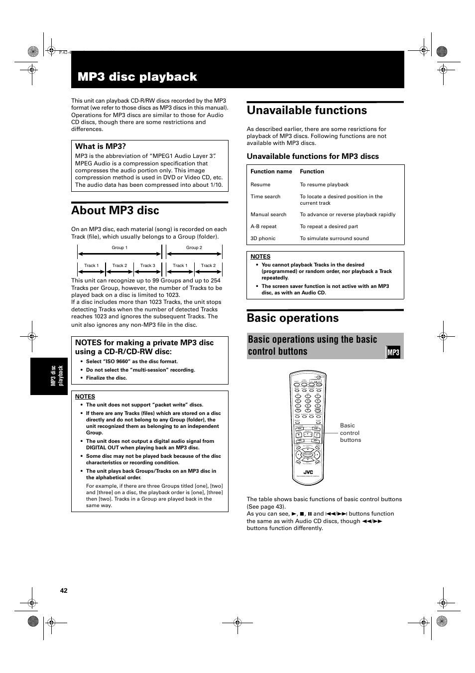 Mp3 disc playback, About mp3 disc, Unavailable functions | Basic operations, Basic operations using the basic control buttons, Unavailable functions for mp3 discs, What is mp3, Mp 3 di sc playba ck, Function name function, Basic control buttons | JVC XV-M512SL User Manual | Page 44 / 68