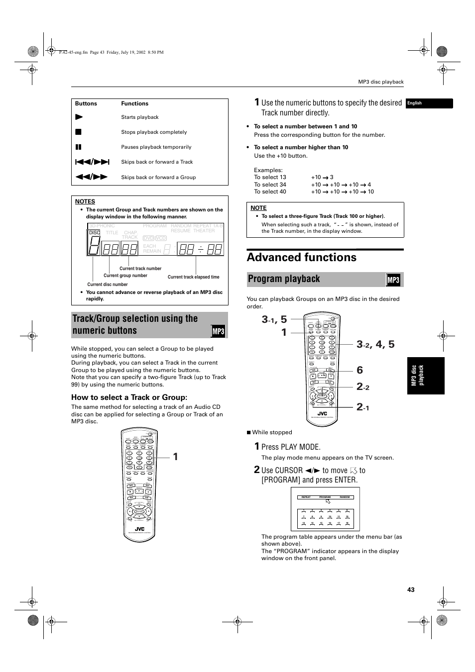 Advanced functions, Track/group selection using the numeric buttons, Program playback | How to select a track or group, Press play mode, Mp 3 di sc play back, The play mode menu appears on the tv screen | JVC XV-M512SL User Manual | Page 45 / 68