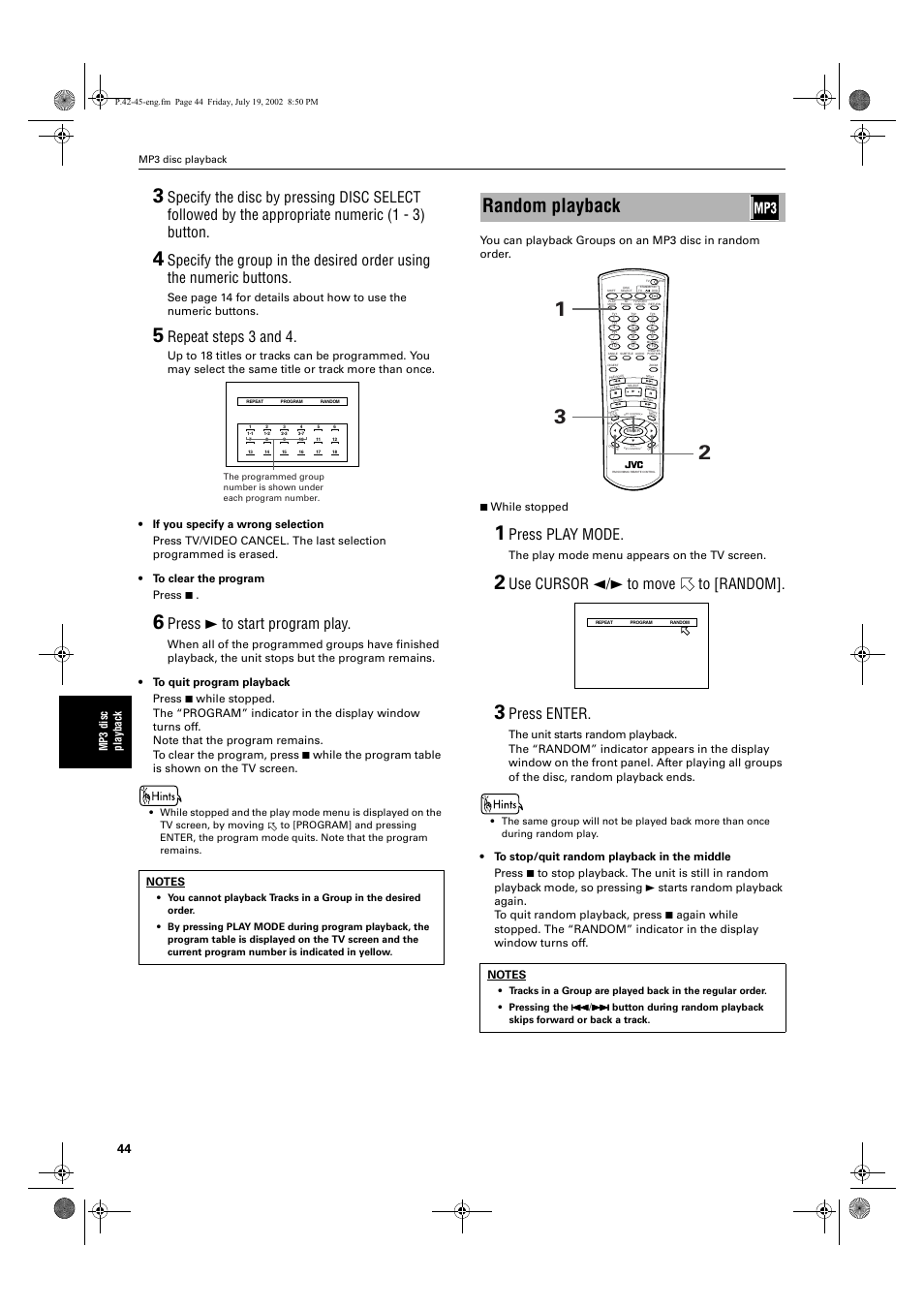 Random playback, Repeat steps 3 and 4, Press 3 to start program play | Press play mode, Use cursor 2/3 to move to [random, Press enter, Mp 3 di sc playba ck, The play mode menu appears on the tv screen | JVC XV-M512SL User Manual | Page 46 / 68