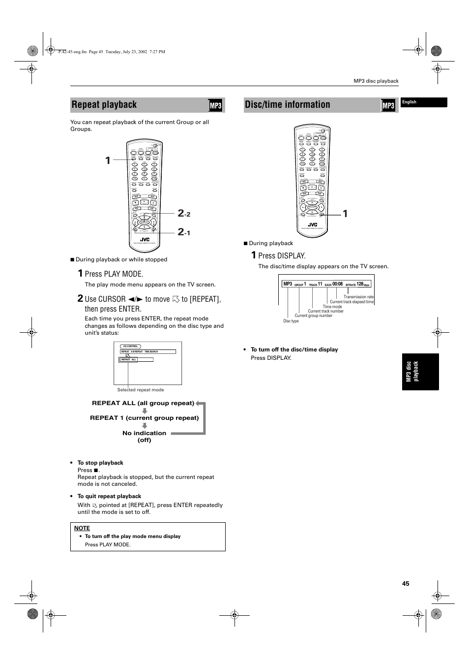 Repeat playback, Disc/time information, Press play mode | Press display, Mp 3 di sc pl ay ba ck, The play mode menu appears on the tv screen, Mp3 disc playback, English, Selected repeat mode | JVC XV-M512SL User Manual | Page 47 / 68