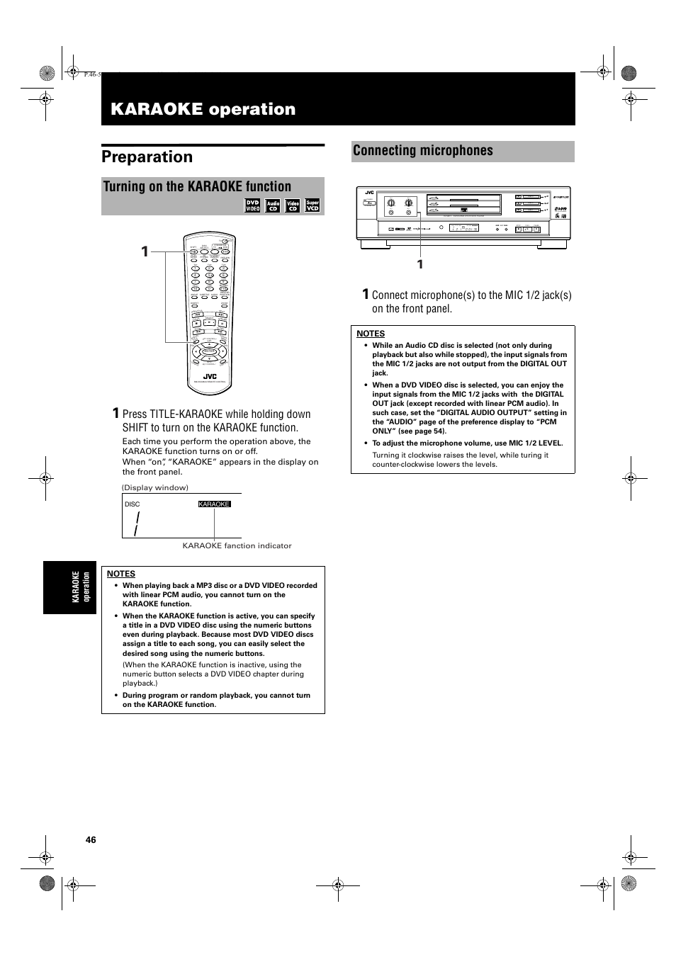 Karaoke operation, Karaoke operation preparation, Turning on the karaoke function | Connecting microphones, Disc title chap resume theater dvd each standby, Dolby d, Karaoke opera ti o n, Display window) karaoke fanction indicator | JVC XV-M512SL User Manual | Page 48 / 68