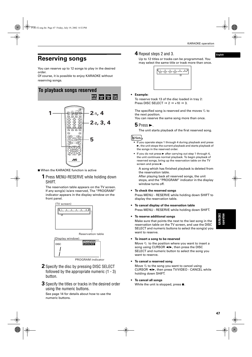 Reserving songs, Press menu-reserve while holding down shift, Repeat steps 2 and 3 | Press 3, Karaoke oper ati o n | JVC XV-M512SL User Manual | Page 49 / 68