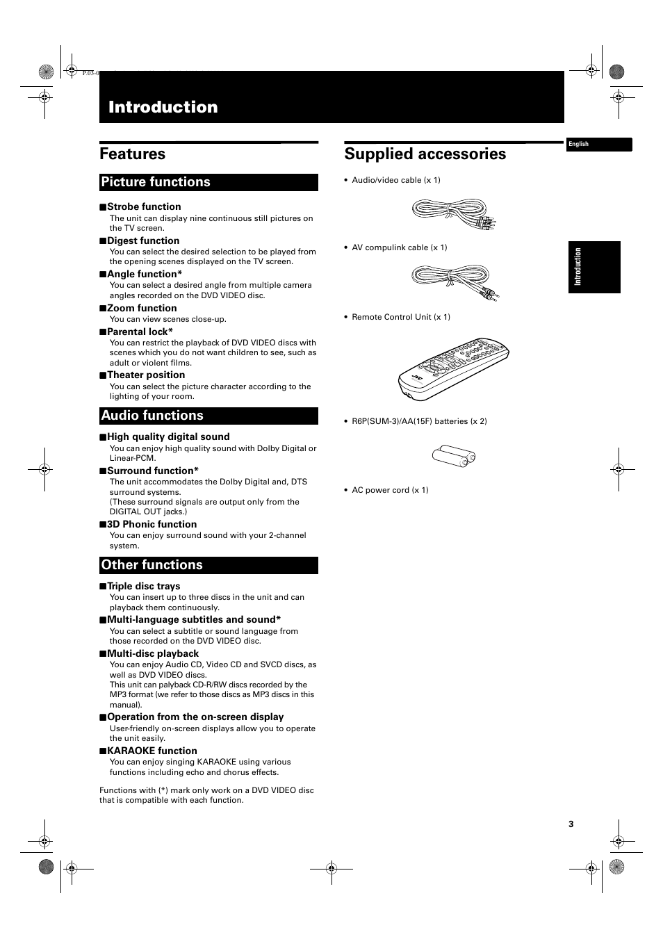 Introduction, Introduction features, Supplied accessories | Picture functions audio functions other functions | JVC XV-M512SL User Manual | Page 5 / 68