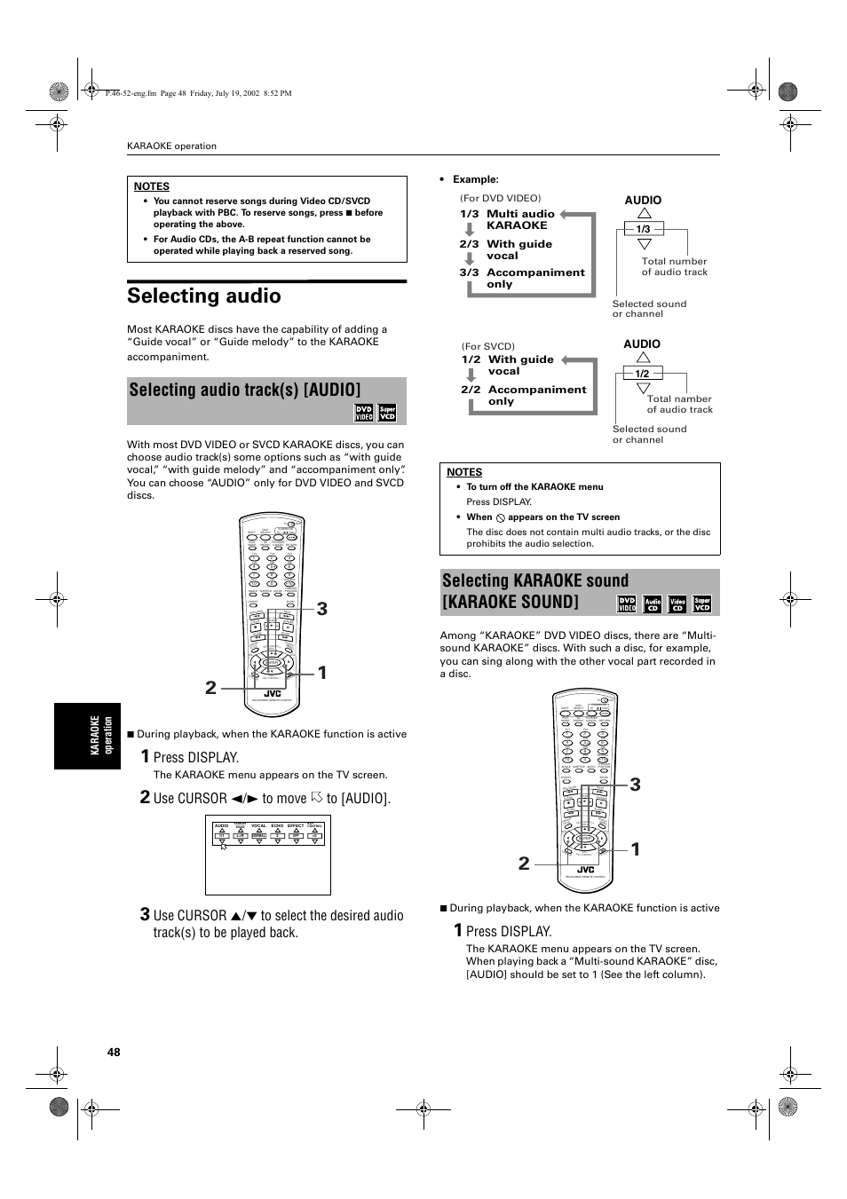 Selecting audio, Selecting audio track(s) [audio, Selecting karaoke sound [karaoke sound | Press display, Use cursor 2/3 to move to [audio, Audio, Karaoke opera ti o n, The karaoke menu appears on the tv screen, With guide vocal 1/2 accompaniment only 2/2, Karaoke operation | JVC XV-M512SL User Manual | Page 50 / 68